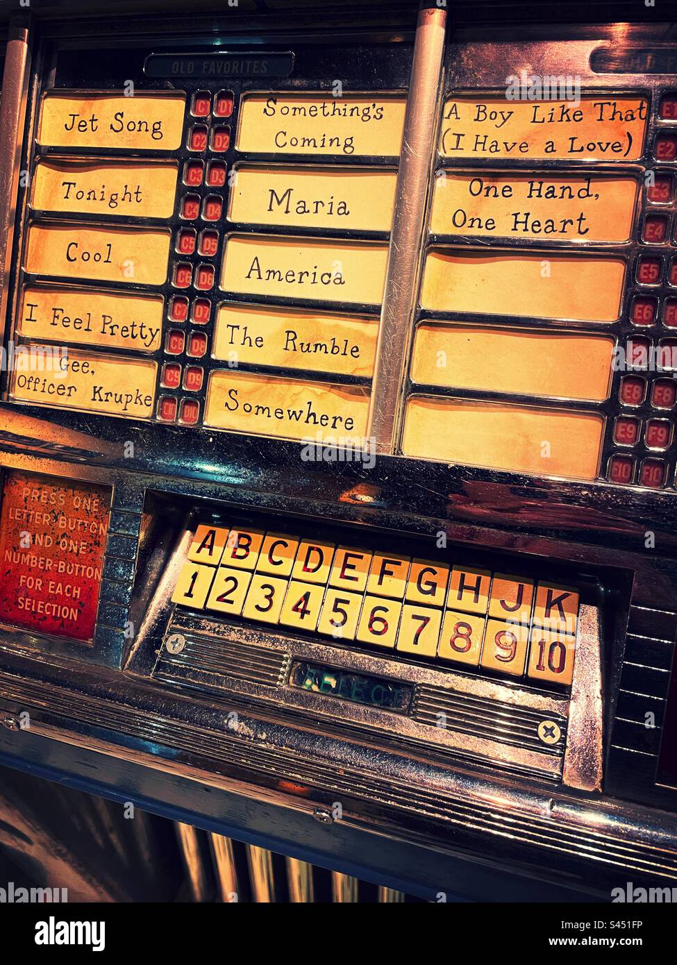 Juke box with songs from the Broadway, musical West side story on the stage, setting at the Museum of Broadway in Times Square, 2023, New York City, USA - Smartphone Captured Stock Image