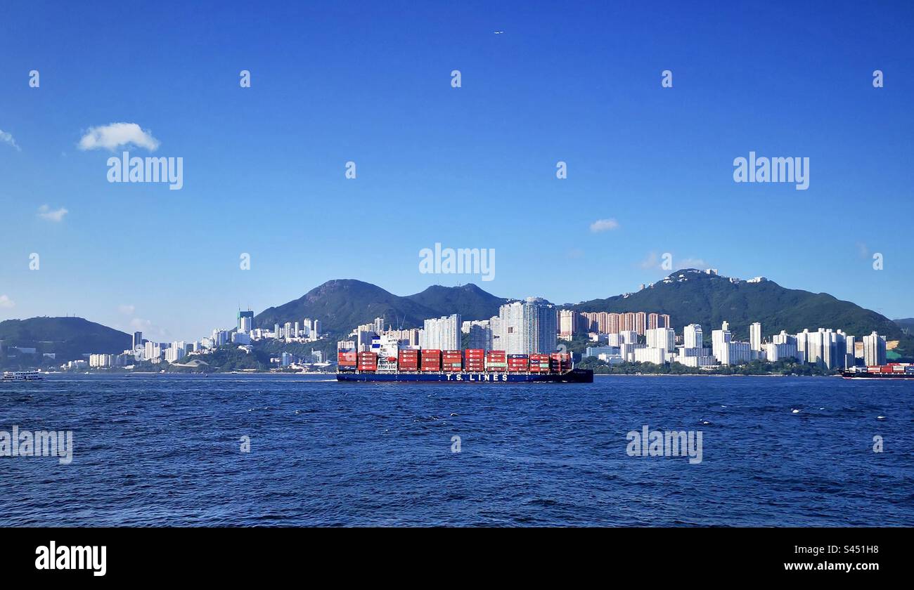 A T.S. Lines container ship leaving the port of Hong Kong. - Smartphone Captured Stock Image