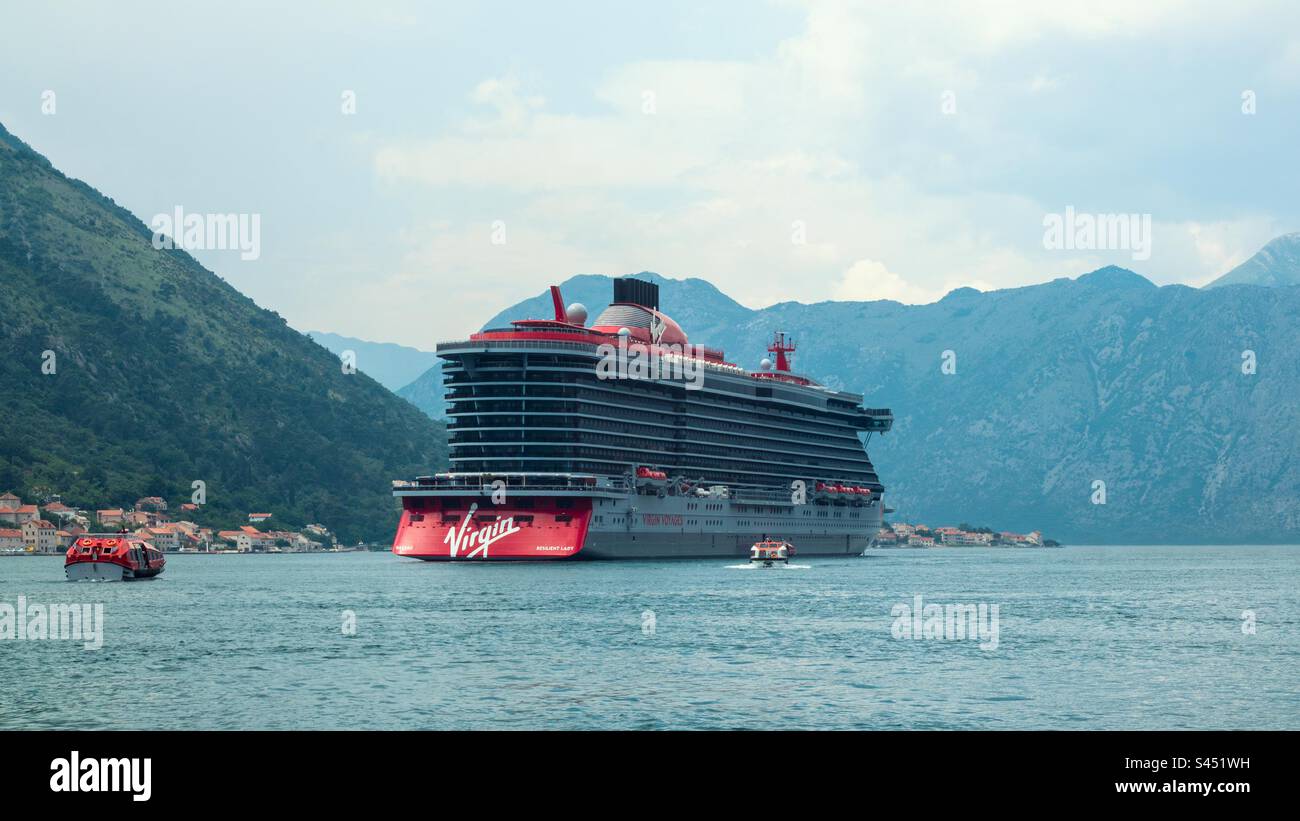 Virgin Voyages (Resilient Lady) in the Bay of Kotor, Montenegro. - Smartphone Captured Stock Image