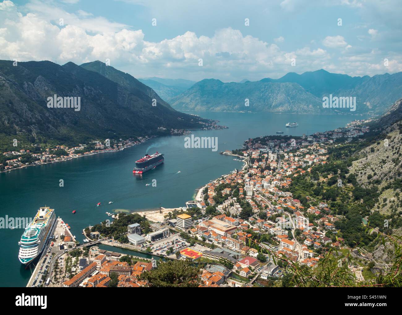 View of Kotor with Cruise Ships in the Bay of Kotor, Montenegro. - Smartphone Captured Stock Image