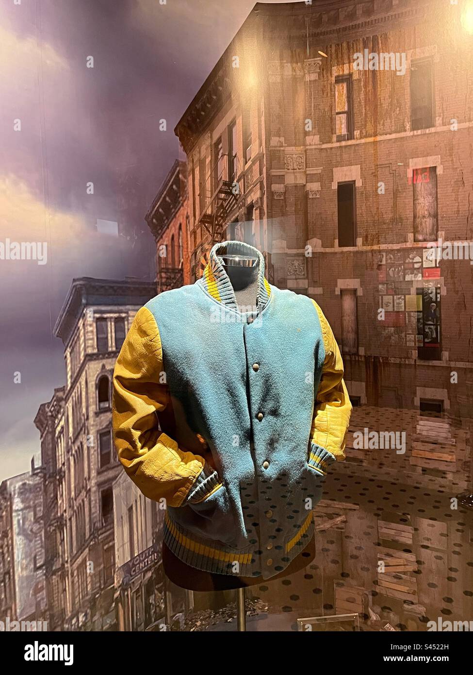 Tony’s jacket on display in the stage setting of west side story, Museum of Broadway, 2023, NYC, USA - Smartphone Captured Stock Image