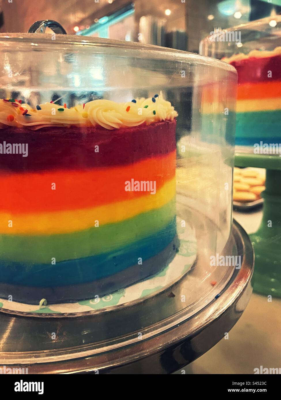 Rainbow pride layer cakes on display during pride month at Magnolia bakery in Grand Central terminal, 2023, NYC, USA Stock Photo