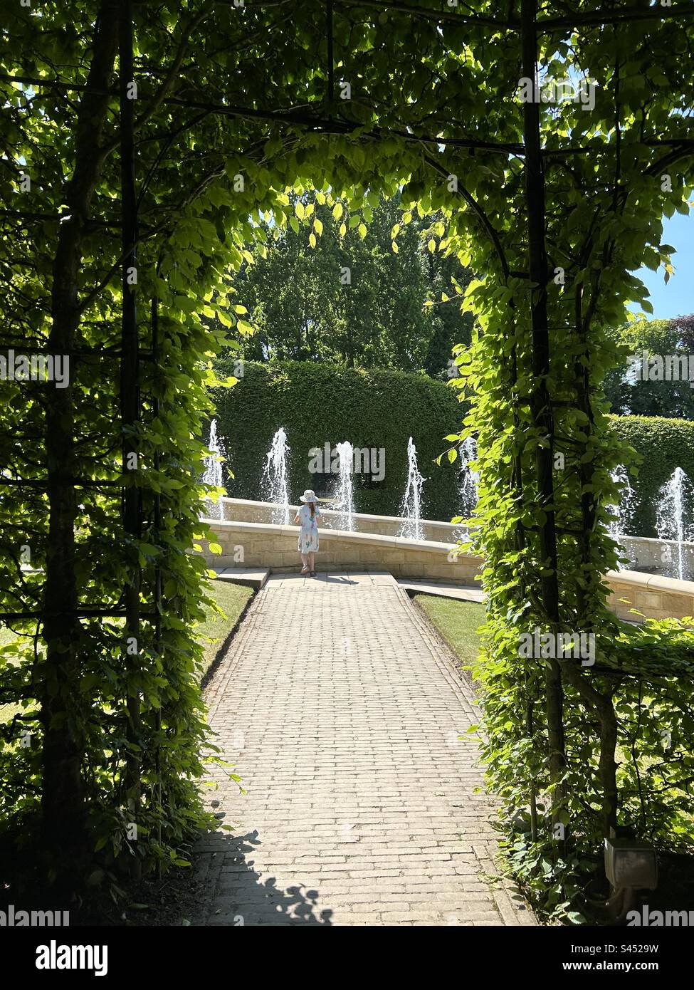 The Alnwick Garden living archway, looking though onto the fountains with an 8 year old girl looking at them - Smartphone Captured Stock Image