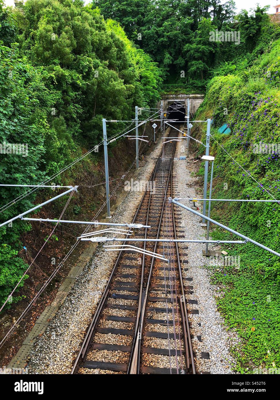 Railway tracks leading to the tunnel, Caminha, Portugal, 2023 - Smartphone Captured Stock Image
