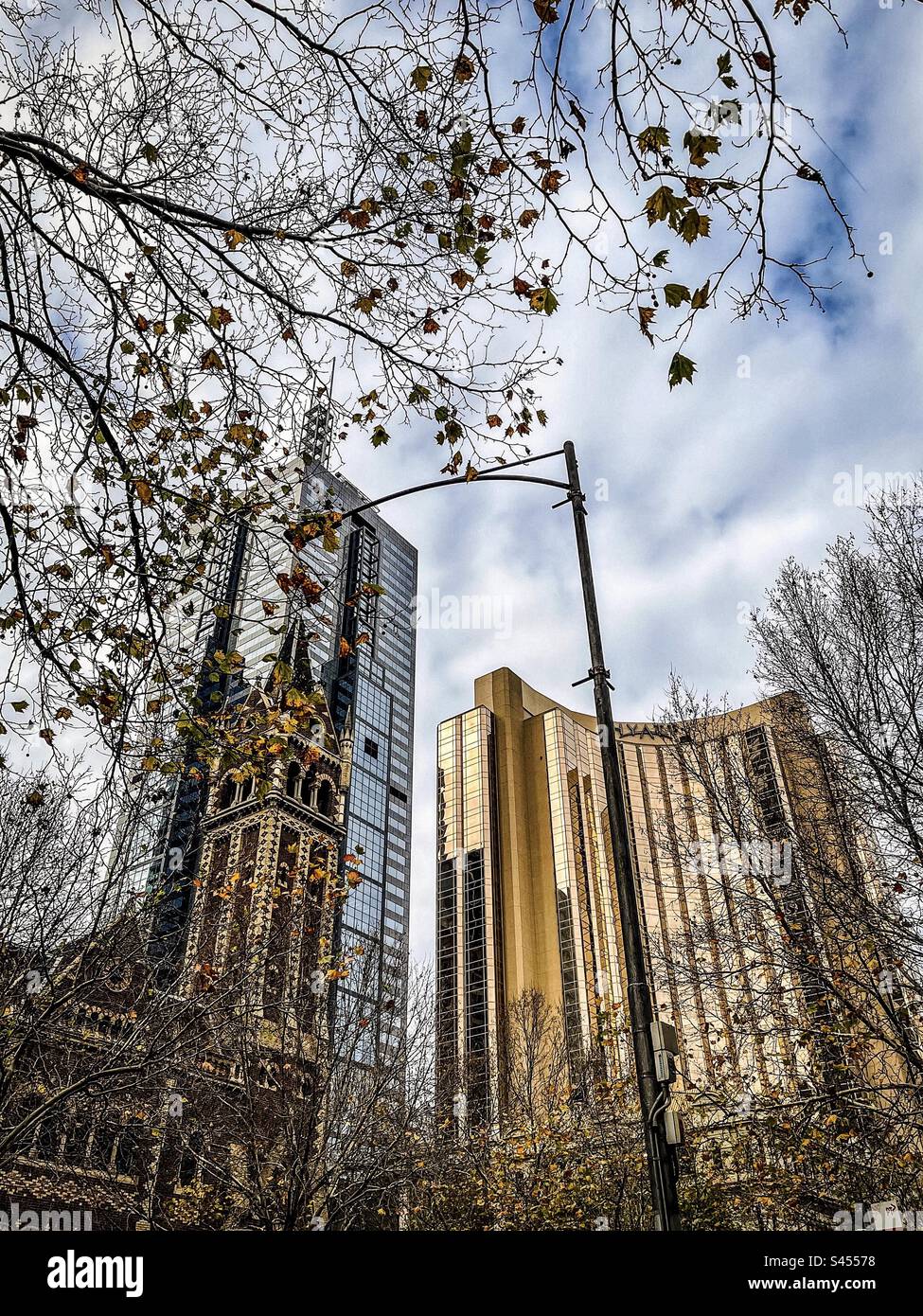 Low angle view of Hyatt Hotel and St.Michael’s Uniting Church in Collins Street in central Melbourne with autumn leaf foliage. Juxtaposition. Old vs new. - Smartphone Captured Stock Image Low angle view of Hyatt Hotel and St.Michael’s Uniting Church in Collins Street in central Melbourne with autumn leaf foliage. Juxtaposition. Old vs new. - Smartphone Captured Stock Image