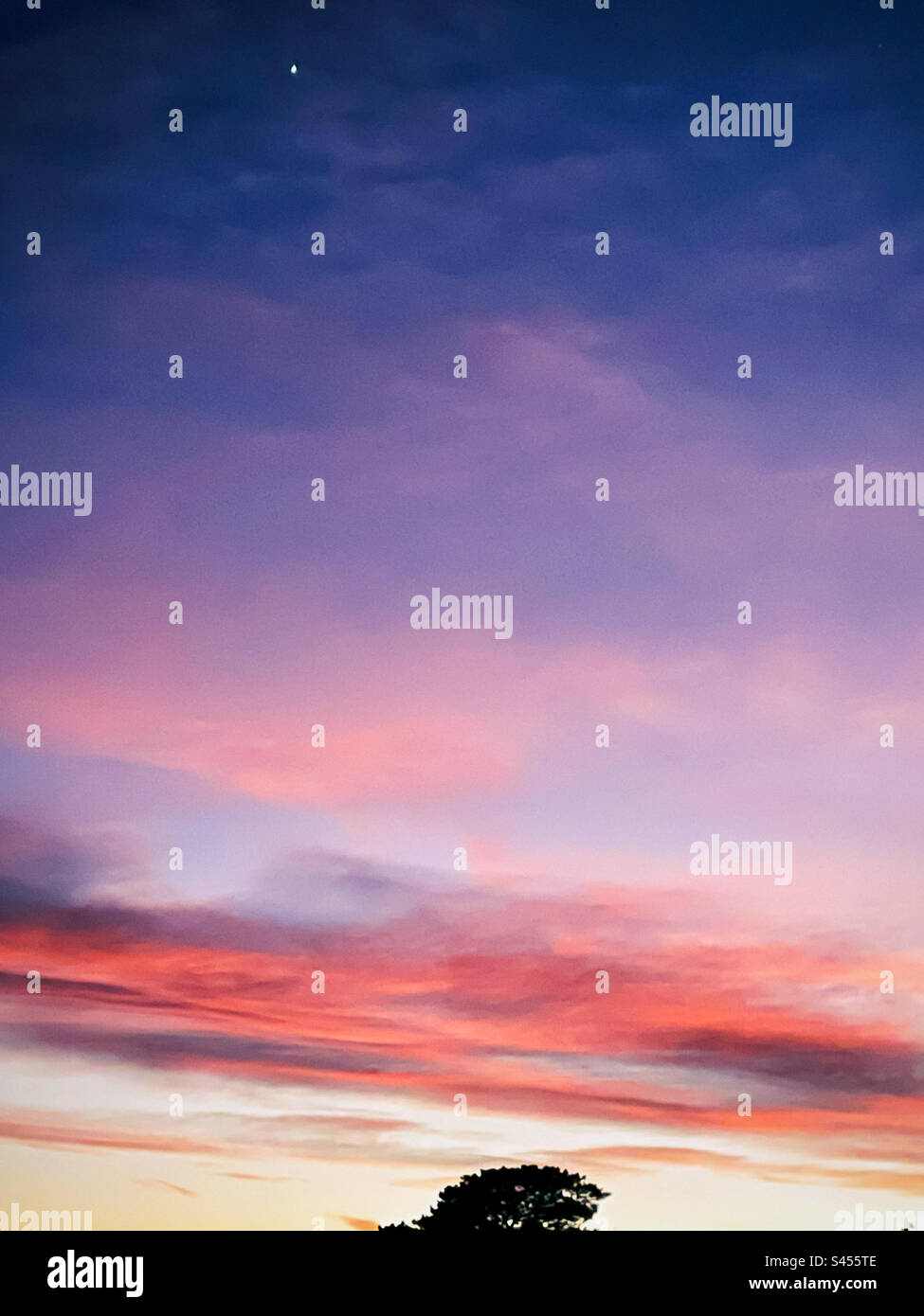 Scenic shot of dramatic sky and cloudscape with afterglow above treetop at dawn. Red sky at morning. - Smartphone Captured Stock Image
