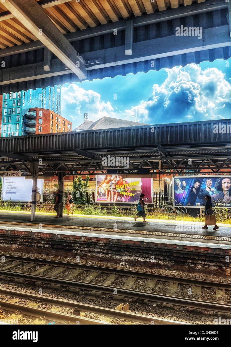 Bromley South railway station in south London. Railway tracks, posters and developments Stock