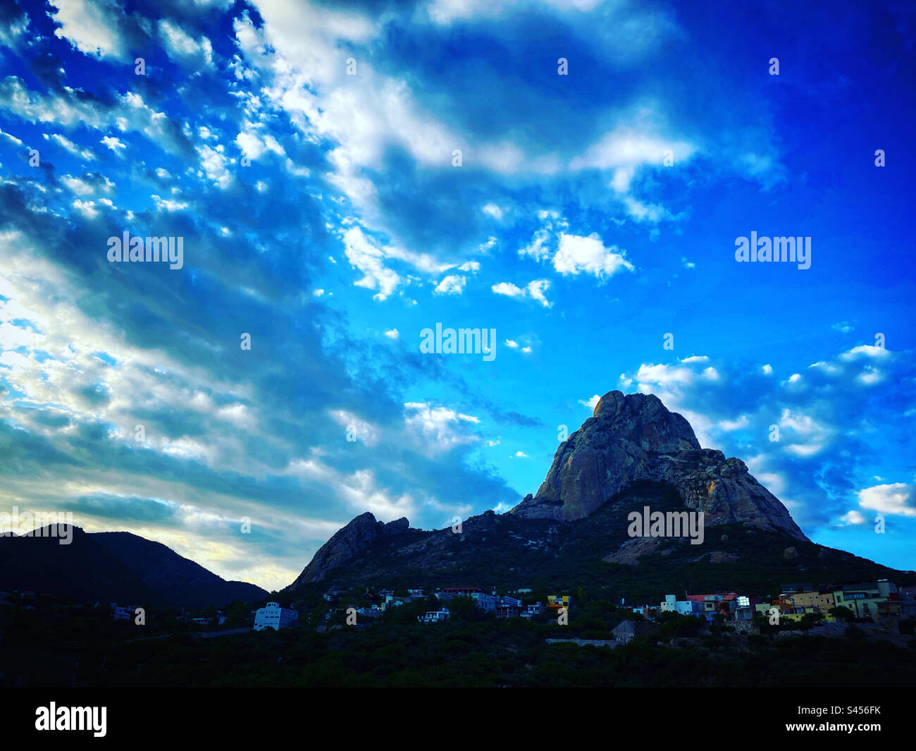Clouds over the Peña de Bernal in San Sebastian Bernal in Queretaro, Mexico - Smartphone Captured Stock Image