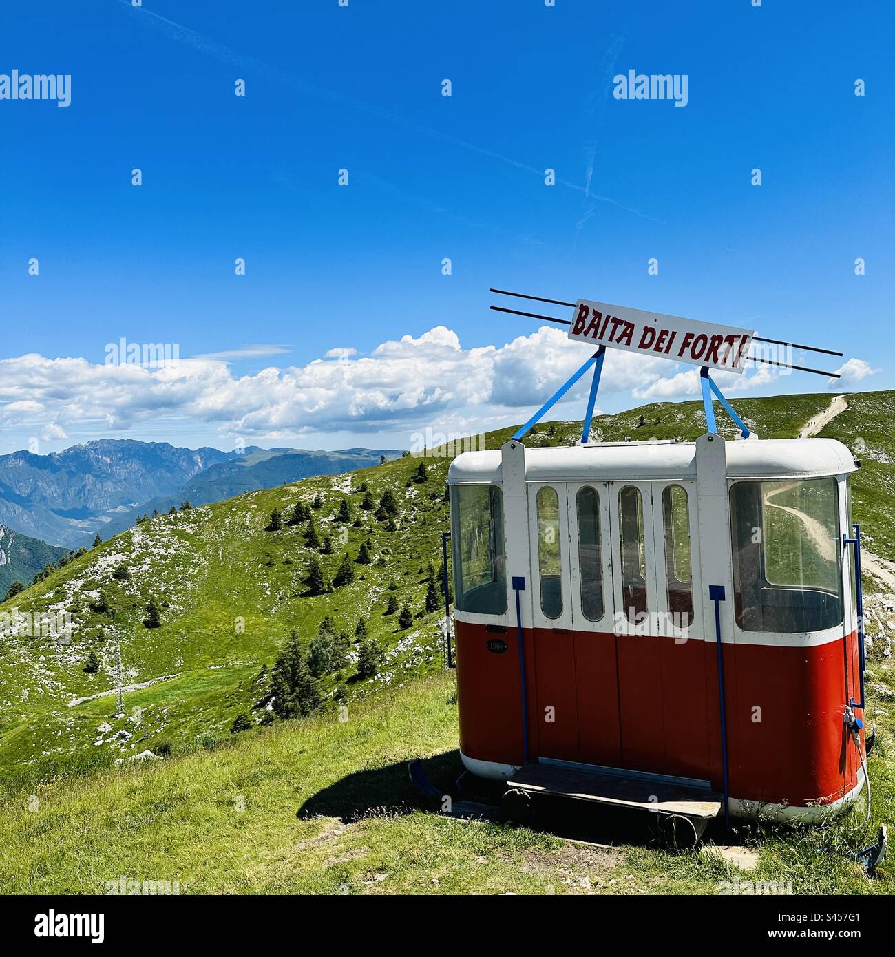 Monte Baldo, Malcesine, Lake Garda, Italy. Old cable car with a beautiful view of the mountains. Stock Photo