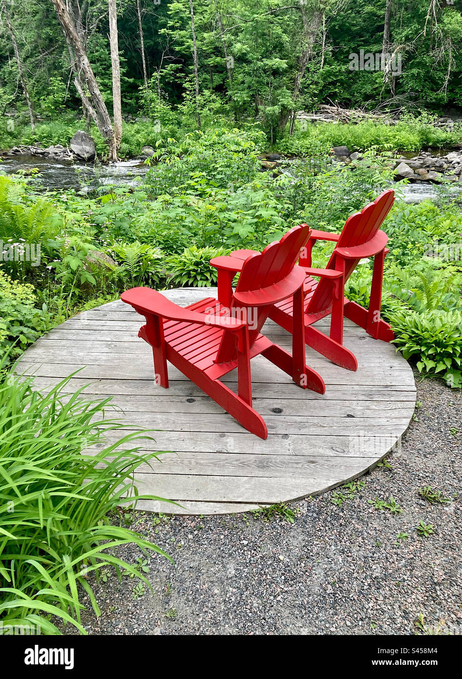 Two inviting red Muskoka chairs on a platform by the river. - Smartphone Captured Stock Image