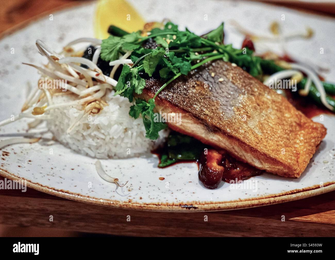 Close-up of grilled salmon fillet with rice, mung bean sprouts, coriander and mushrooms on plate on table. - Smartphone Captured Stock Image