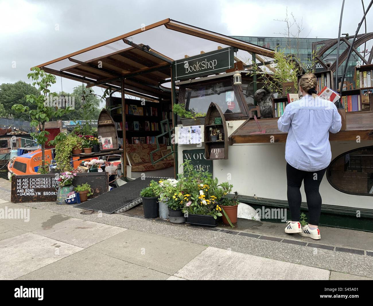 London, UK - 28 June 2023 : Word on the water, book shop on a barge, Regents canal Kings Cross. - Smartphone Captured Stock Image