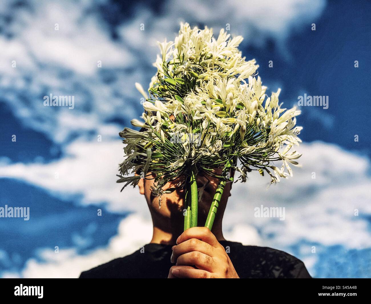Close-up portrait of young man holding a bouquet of white Agapanthus africanus flowers aka African lily, Lily of the Nile against cloudscape in blue sky. Obscured face. Fashion. Spring/ summer theme. Stock Photo