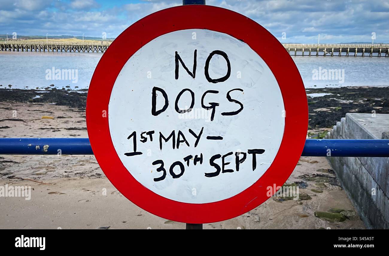 ‘No Dogs’ a hand painted sign advising of no dogs allowed on the beach between May and September. Stock Photo