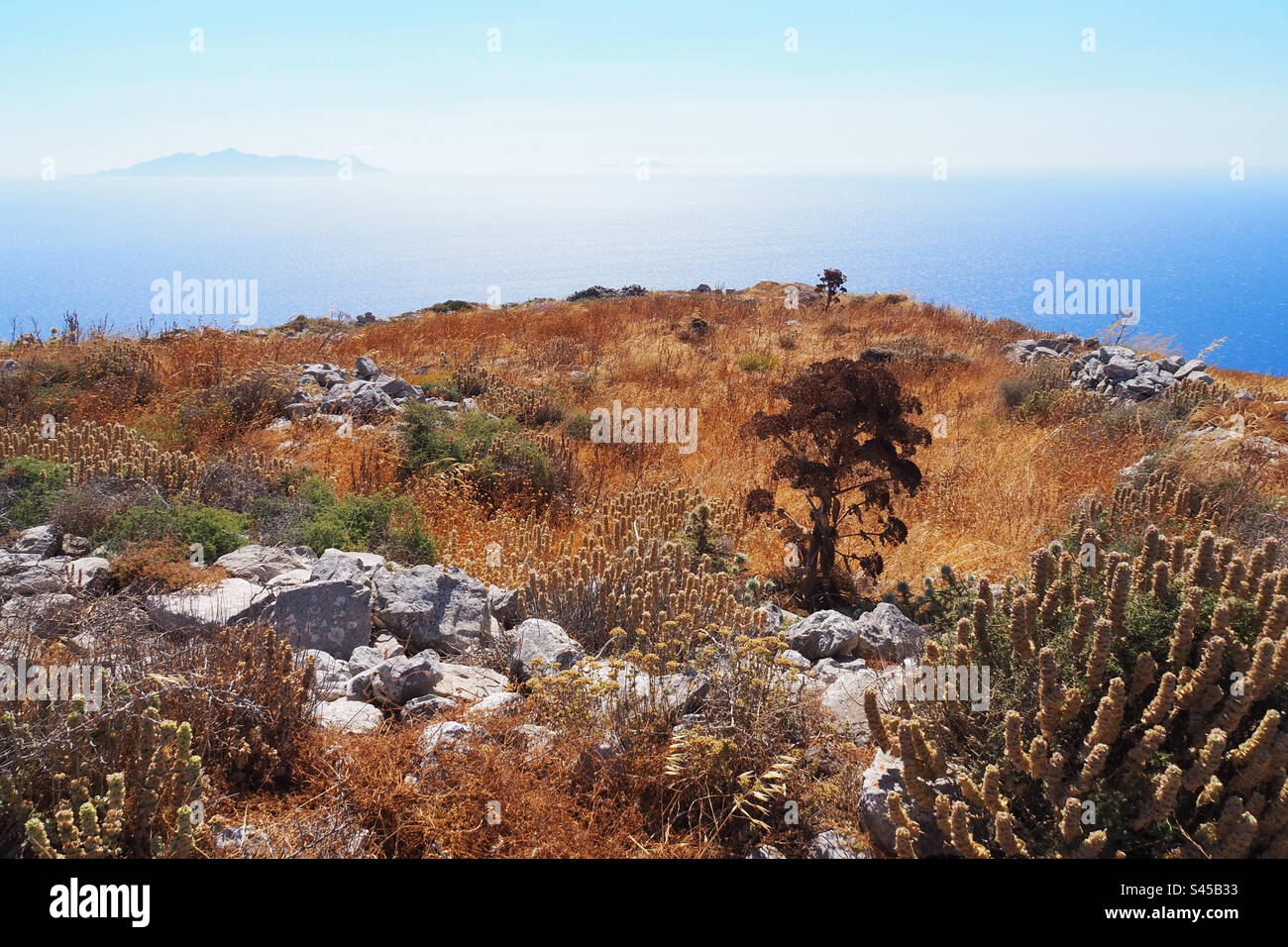 A photo of the ruins of Ancient Thera with the Mediterranean Sea in the background Stock Photo