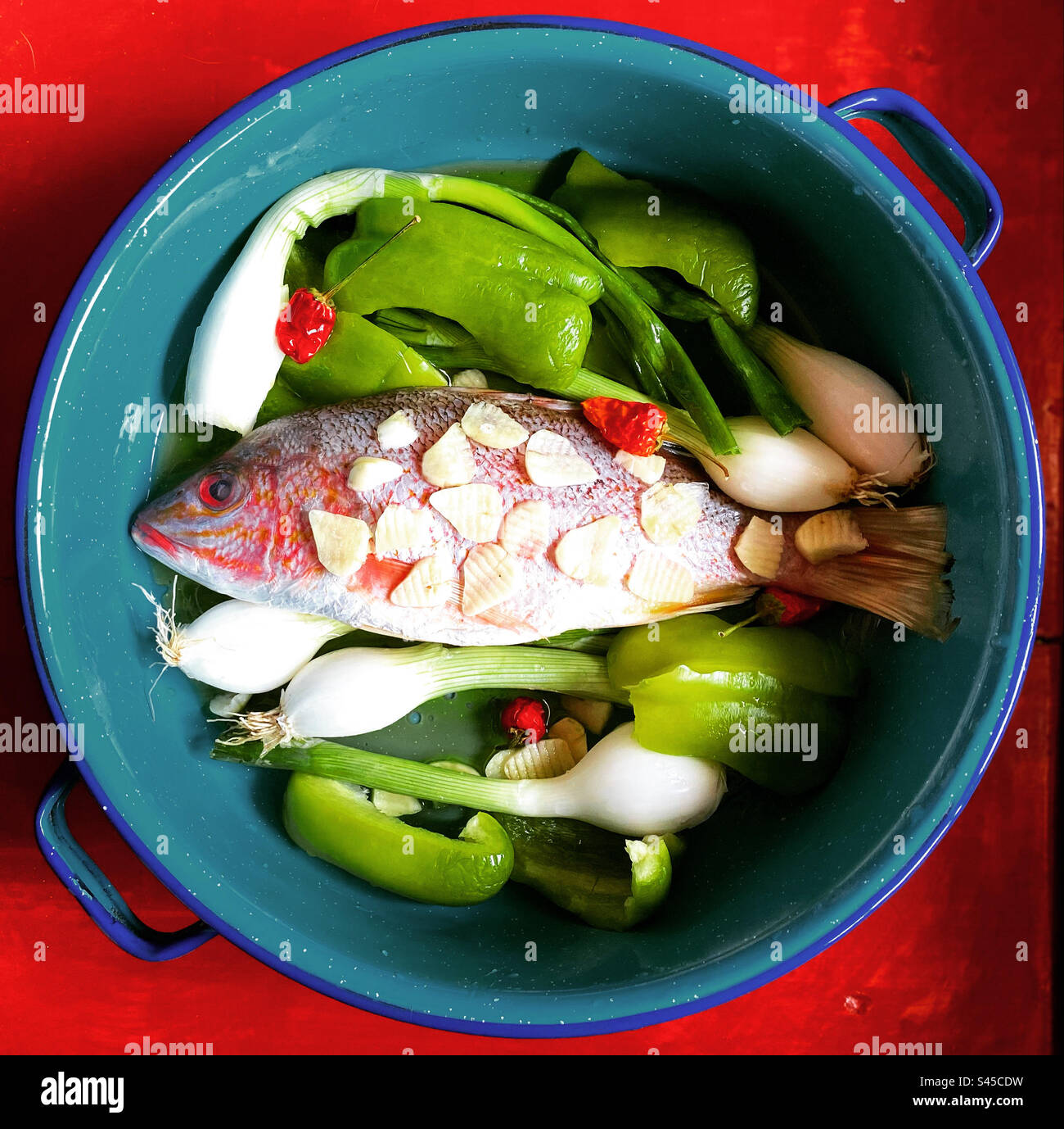 A red snapper with green peppers, garlic and onion ready to be grilled in Queretaro, Mexico - Smartphone Captured Stock Image