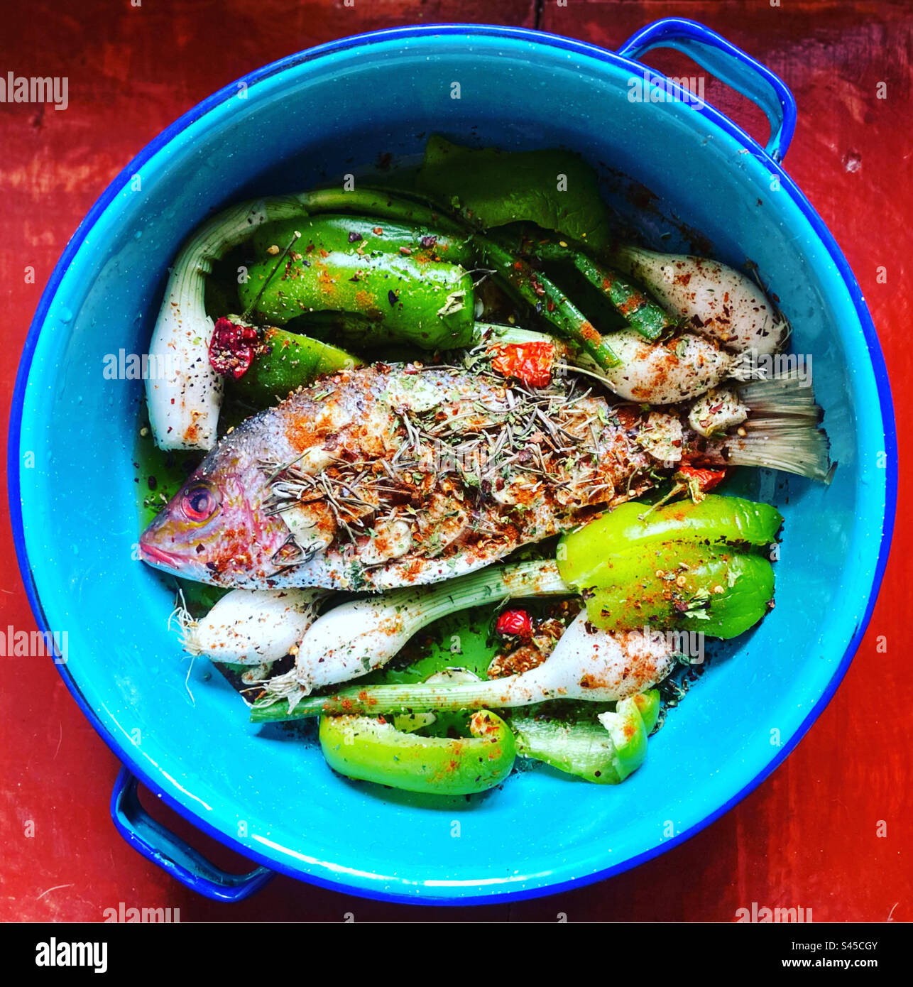 Red snapper fish with onion, herbs and green pepper in Queretaro, Mexico - Smartphone Captured Stock Image