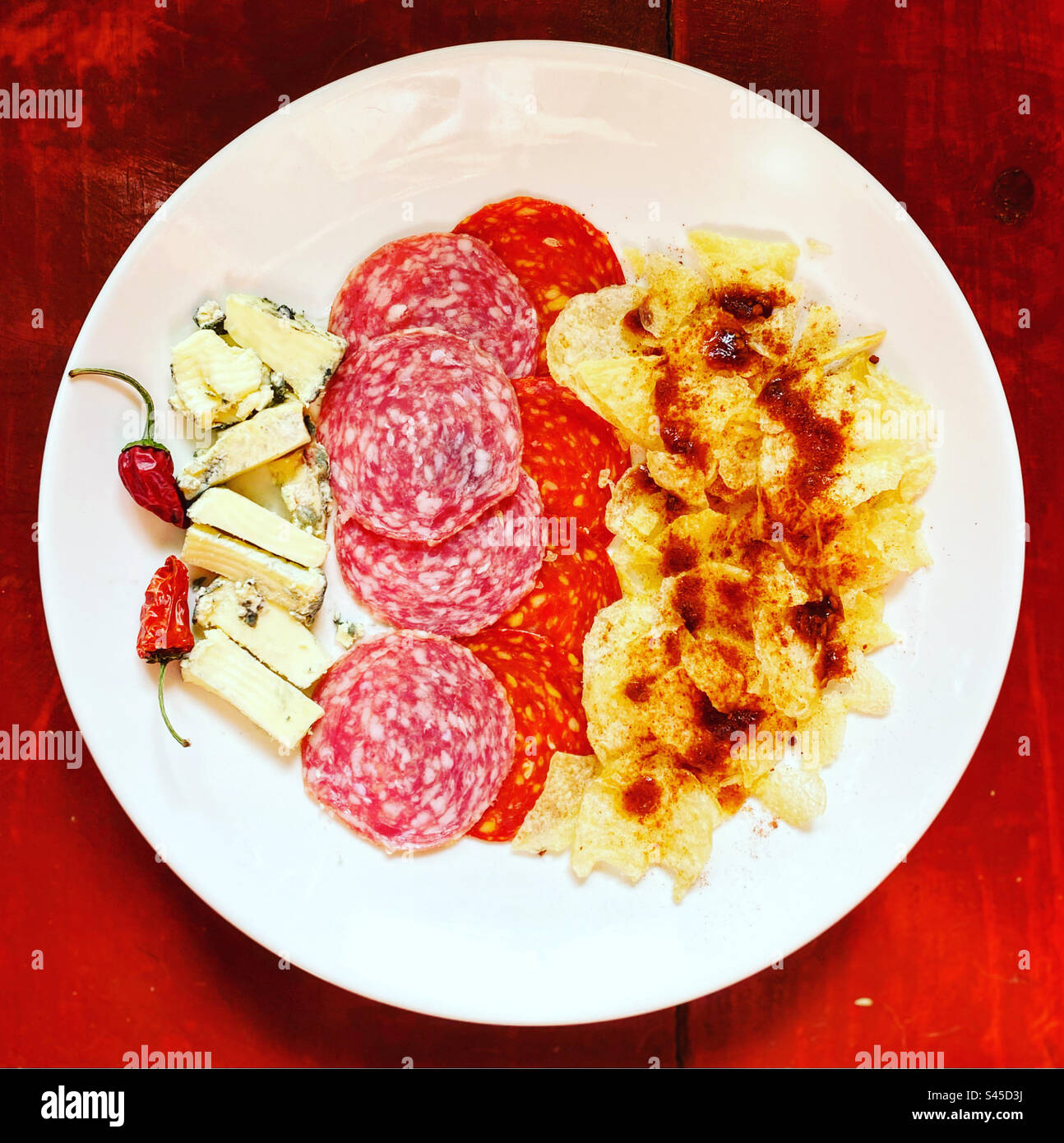 Cheese, salami or salchichon, Spanish chorizo, red hot chilli peppers and chips with chipotle chilli sauce in Queretaro, Mexico - Smartphone Captured Stock Image