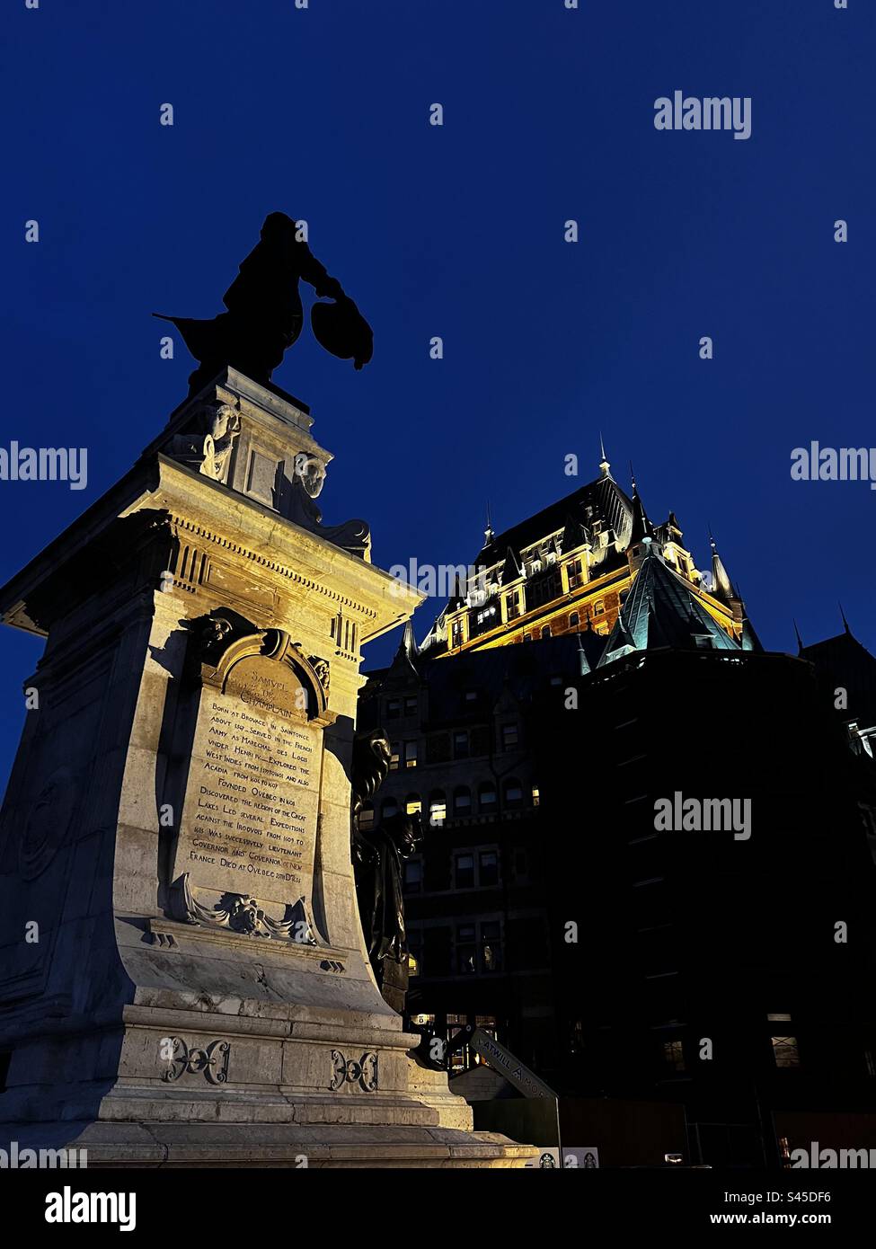 Champlain looking over the Chateau Frontenac , Quebec City, Canada Stock Photo