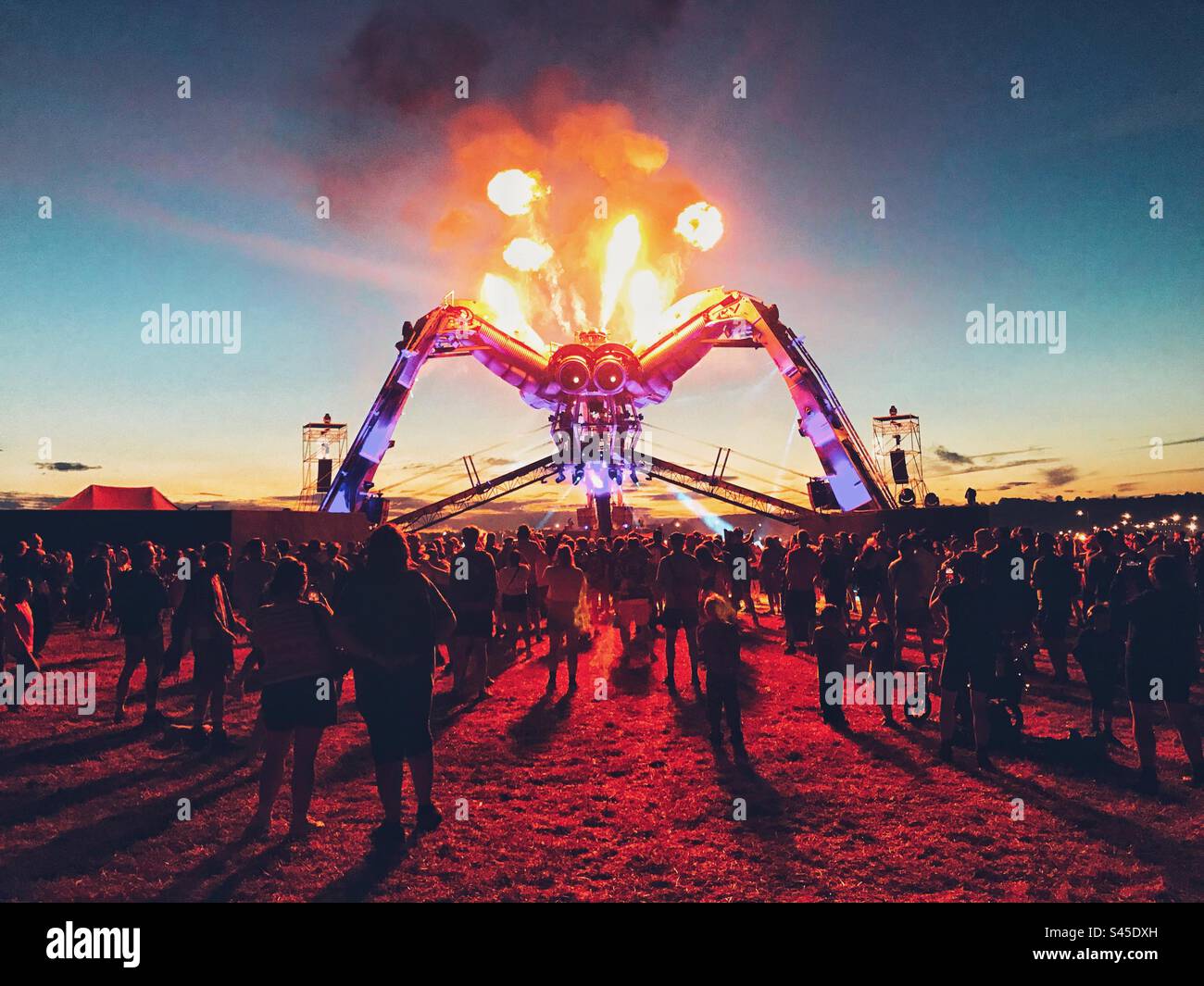 Arcadia shooting out flames at the Glastonbury festival 2023 - Smartphone Captured Stock Image