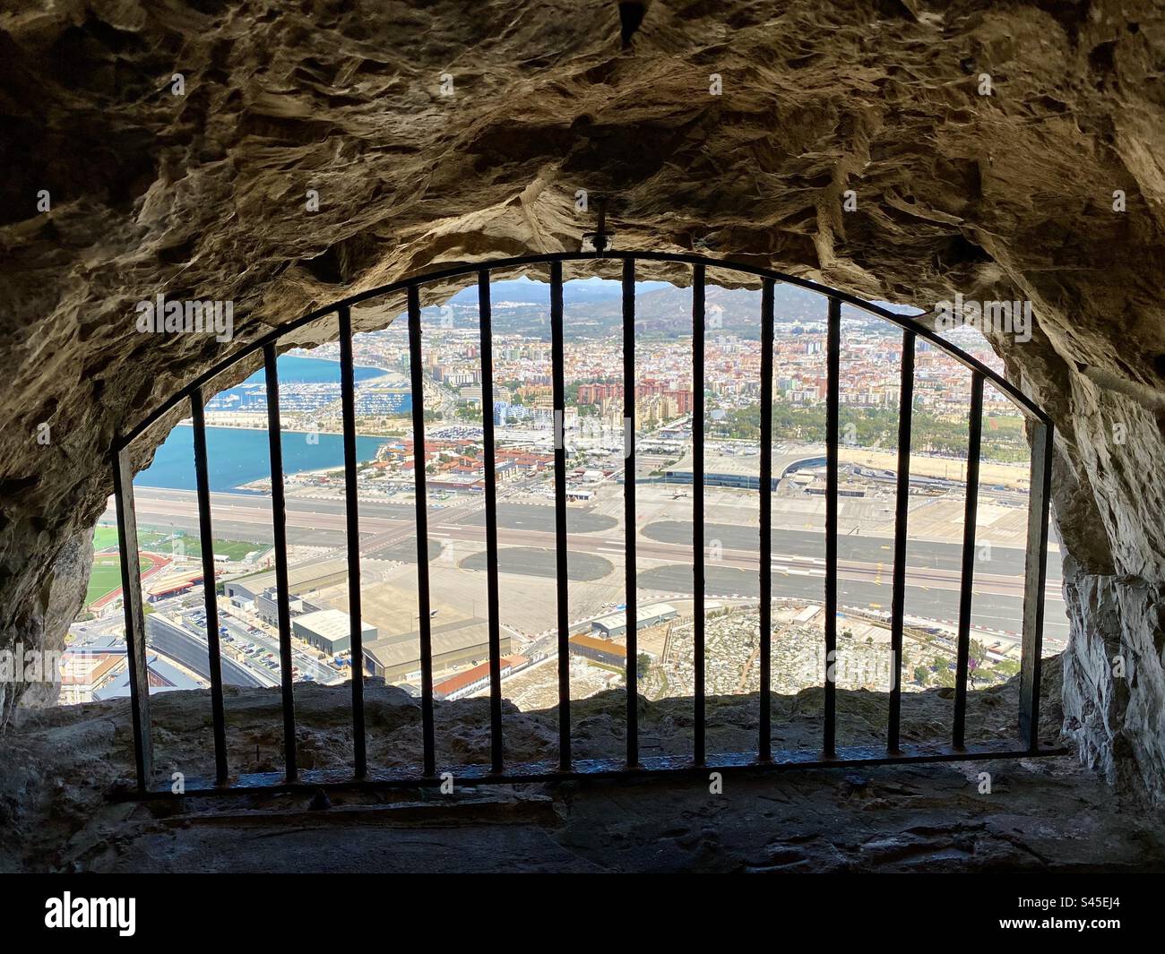 An unusual view of Gibraltar airport and the Spanish mainland beyond from one of the many