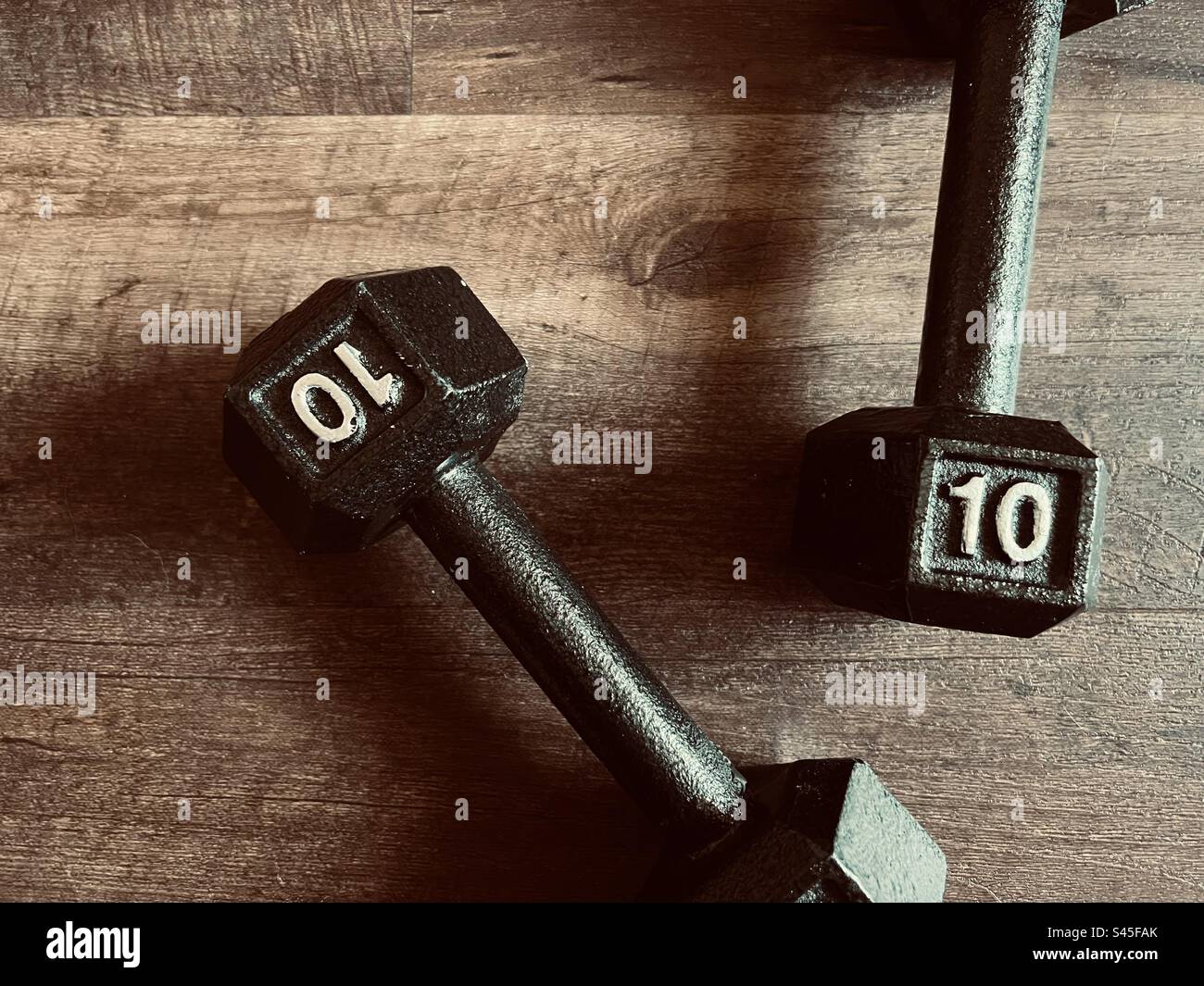 Two ten pound dumbbells on a wooden floor - Smartphone Captured Stock Image