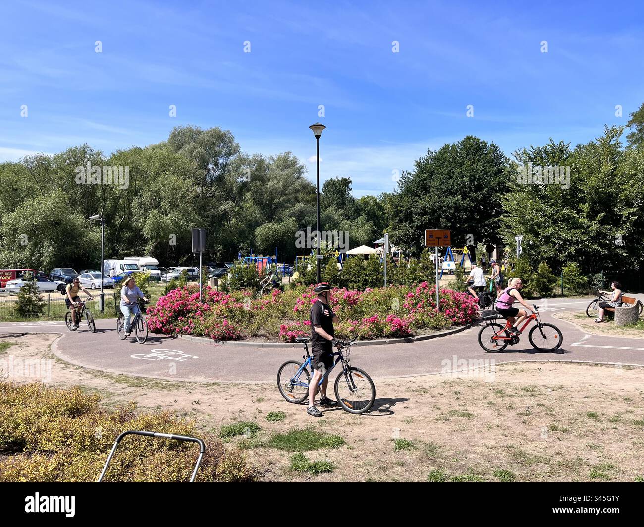 Cycle path roundabout in the park at Brzezno Beach, Gdansk, Poland - Smartphone Captured Stock Image