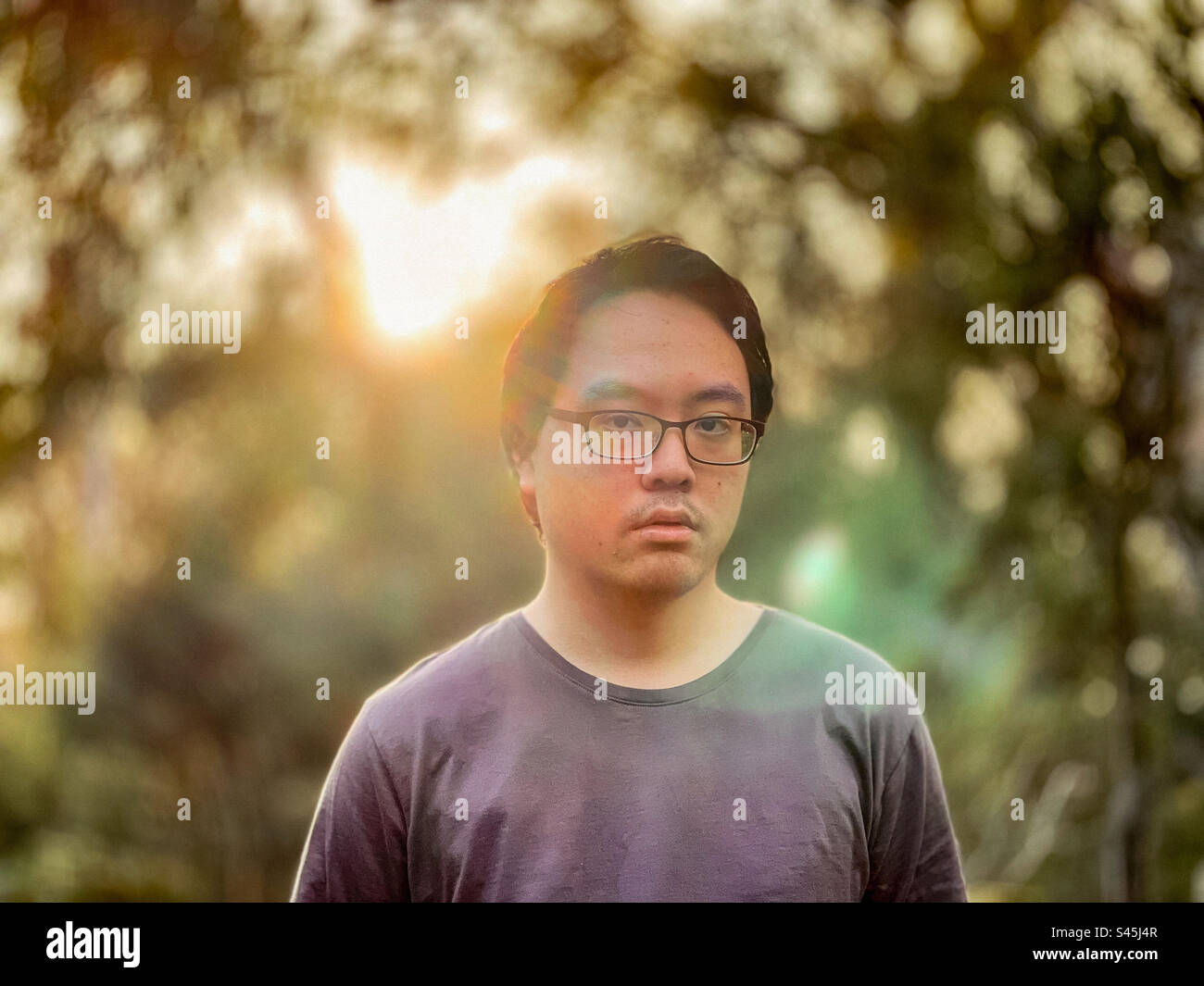 Autumn rambles. Portrait of young Asian man in eyeglasses standing against setting sun and trees in autumn. Focus on foreground. - Smartphone Captured Stock Image