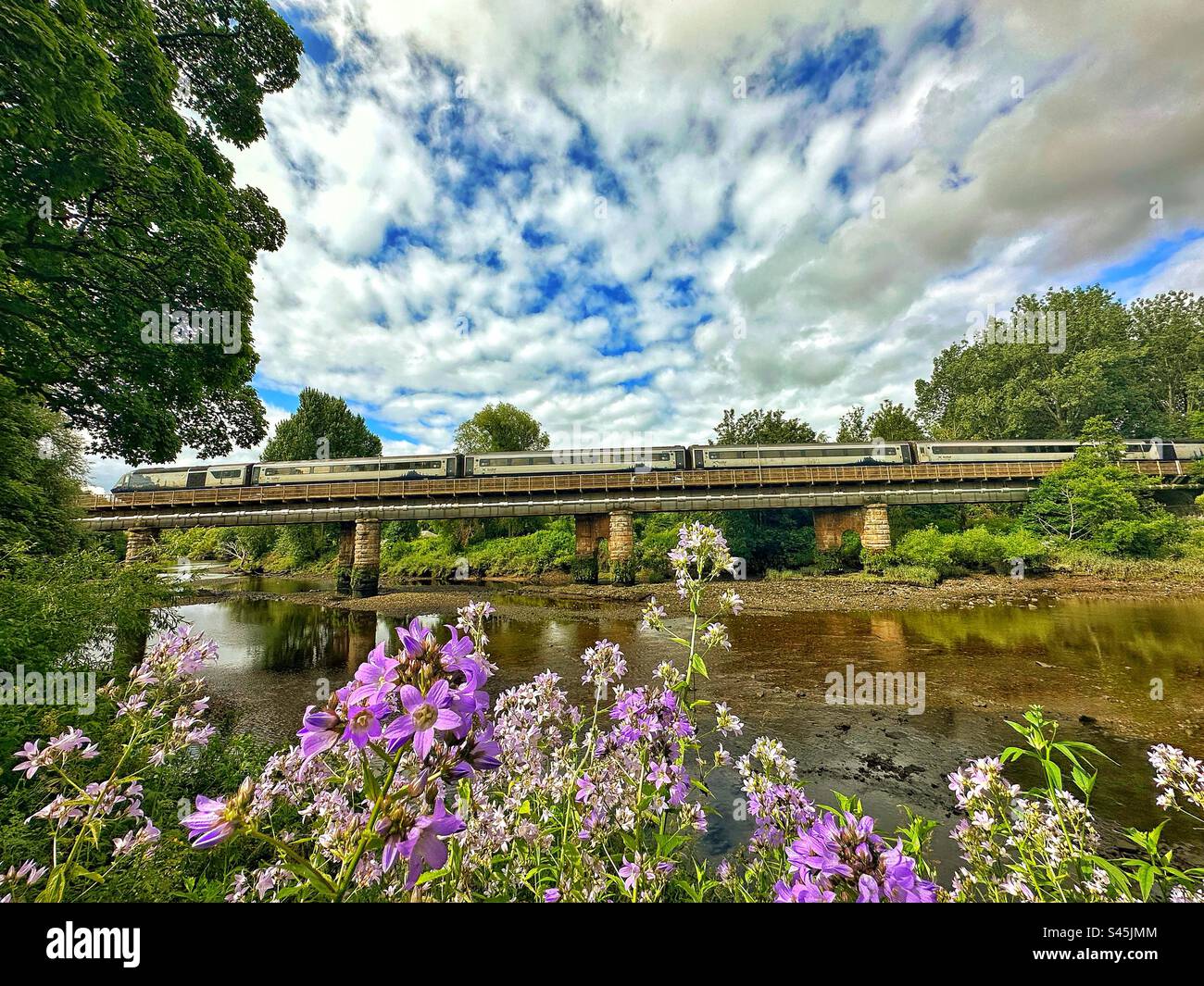 A southbound ScotRail Inter7City HST crosses the River Tay viaduct on approach to Perth station. - Smartphone Captured Stock Image