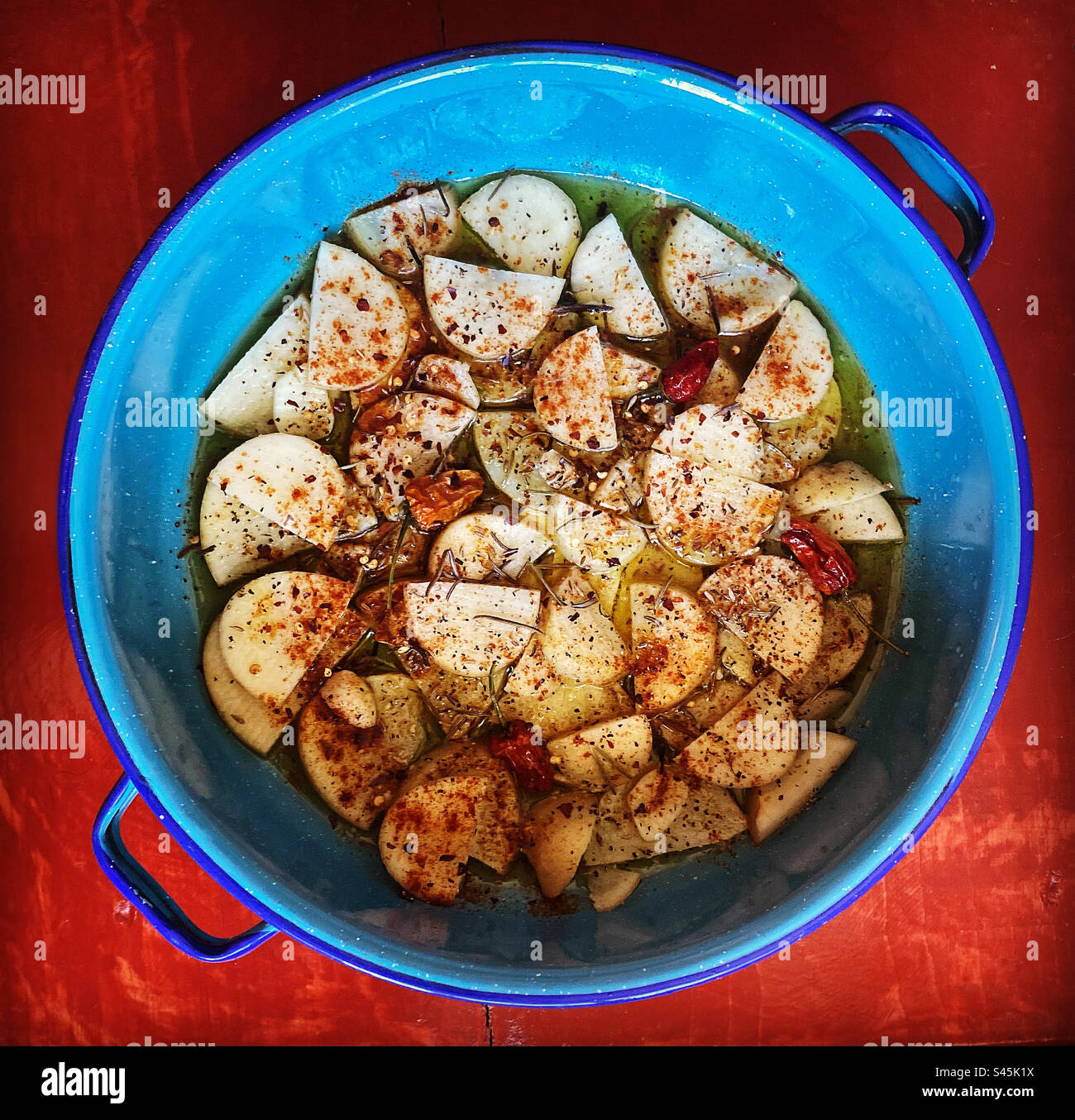 Potatos with chilli and fine herbs in Queretaro, Mexico - Smartphone Captured Stock Image