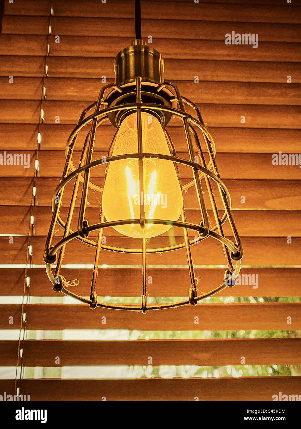 Close-up of decorative vintage Edison style light bulb glowing with soft yellow light in retro metal cage light fitting against venetian blinds. Vintage style. Retro. Interior design. - Smartphone Captured Stock Image