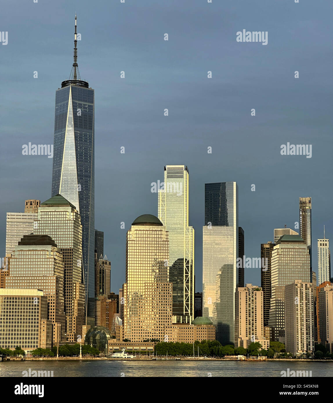 May, 2023, a late afternoon view of Lower Manhattan skyscrapers, including One World Trade Center, New York, New York, United States - Smartphone Captured Stock Image