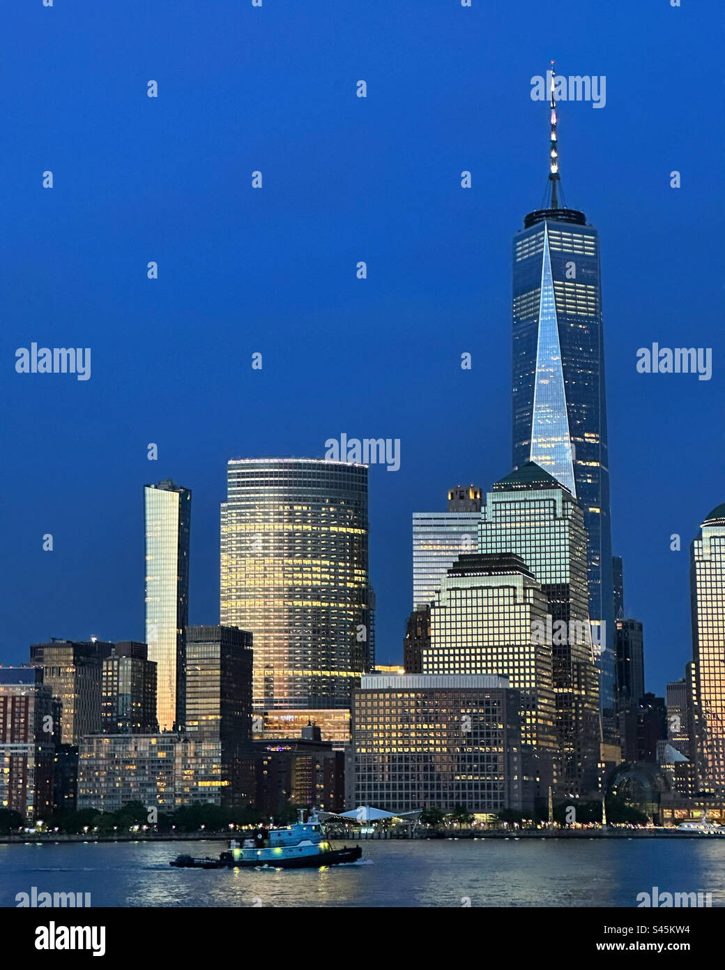Early evening view of One World Trade Center and other Lower Manhattan buildings, New York, New York, United States Stock Photo