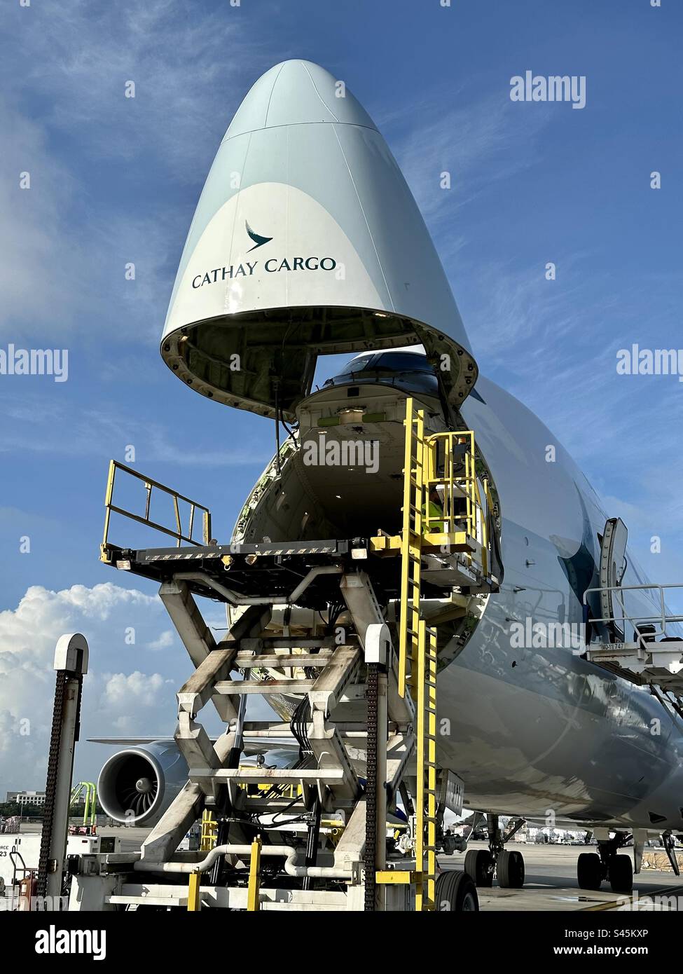 Cathay Cargo Freighter with nose door open. - Smartphone Captured Stock Image
