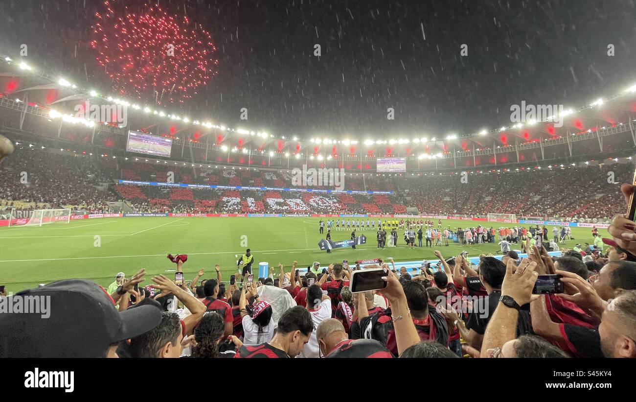 Fireworks and rain at the end of a football game in Rio de Janeiro Brazil Stock Photo