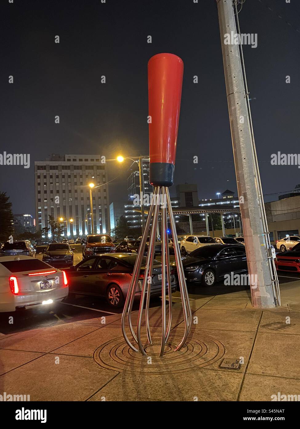 Giant whisk in Nashville, TN. The 2015 sculpture by Wayne Henderson, officially titled 'Good Eats,' is 16 feet tall.  It doubles as a bike rack. - Smartphone Captured Stock Image