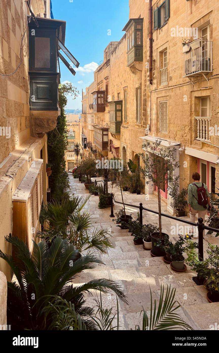 A lot of steps and plants with traditional Maltese green windows in Valletta, the capital of Malta - Smartphone Captured Stock Image