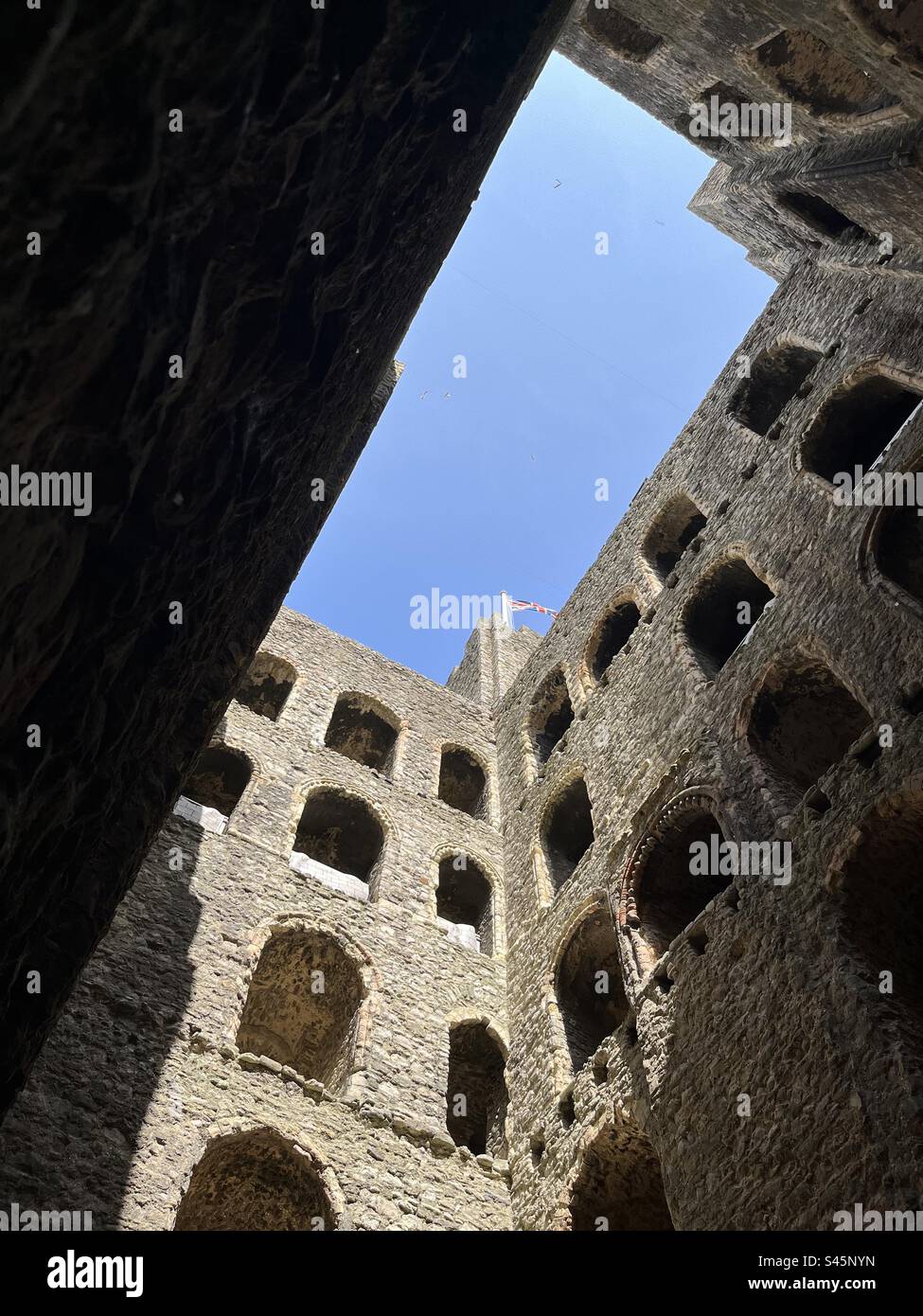 Looking up inside the keep of Rochester Castle in Kent - Smartphone Captured Stock Image