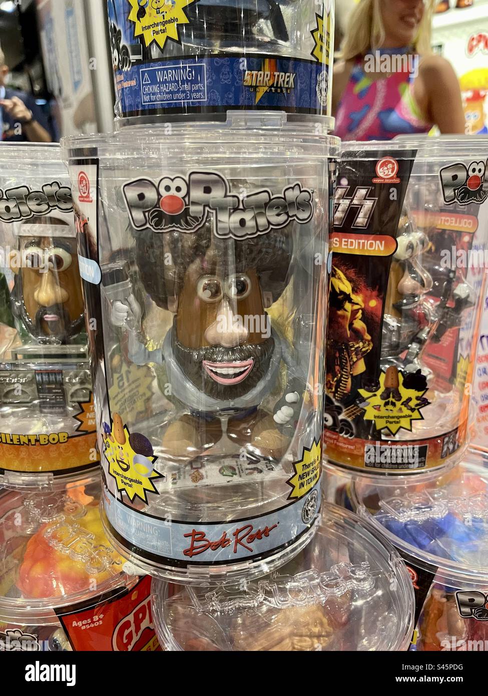 Bob Ross Pop Tater toy display at Comic Con day one held on July 20, 2023 - Smartphone Captured Stock Image