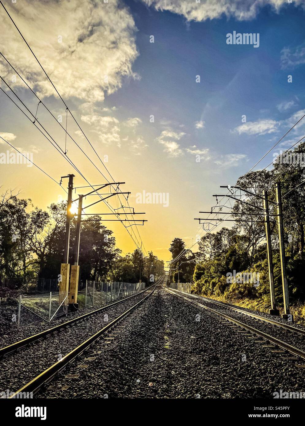 Railroad tracks under morning sky with the sun shining through trees. - Smartphone Captured Stock Image