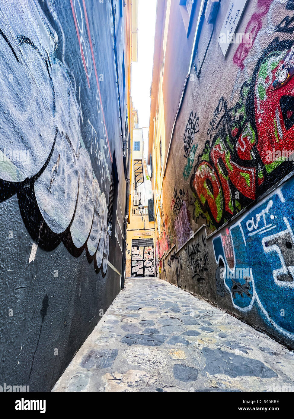Graffiti covered side street in Palma Mallorca in the Balearic Islands - Smartphone Captured Stock Image