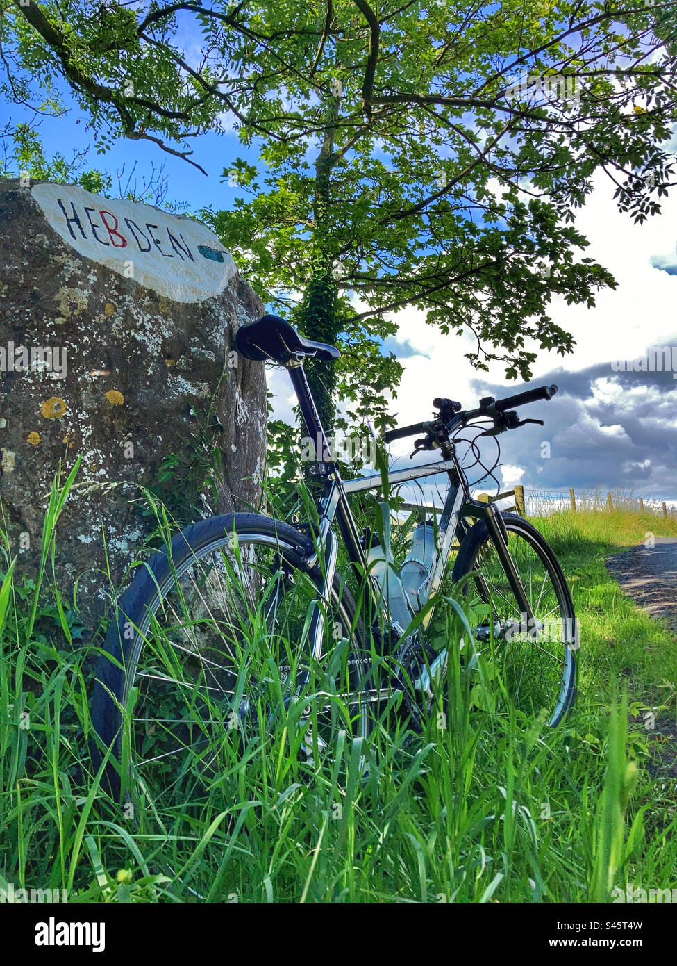 Pace RC200 F5 Mountain Bike by the Hebden sign in the Yorkshire Dales - Smartphone Captured Stock Image