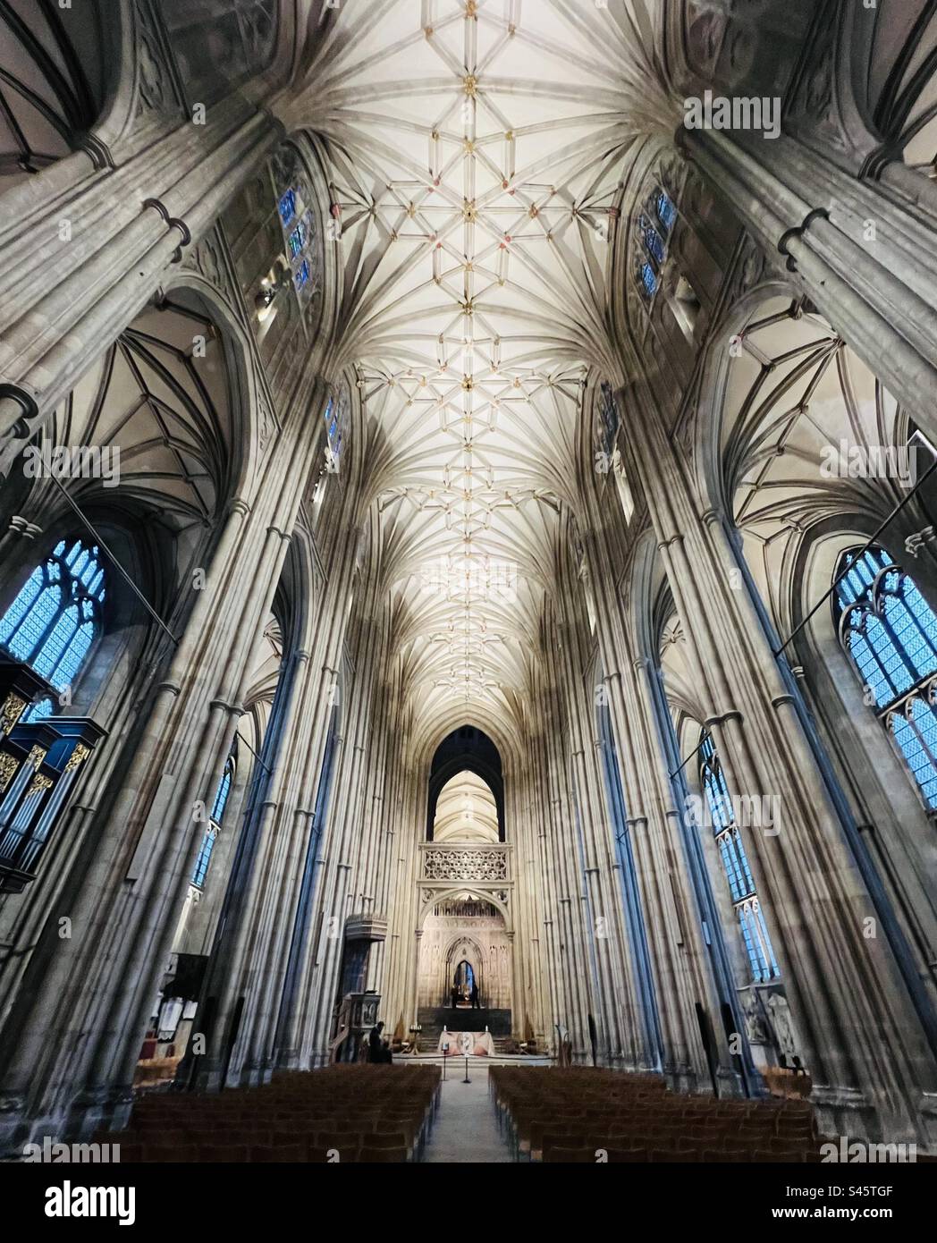 Dramatic interior view of Canterbury cathedral in Canterbury, United Kingdom - Smartphone Captured Stock Image