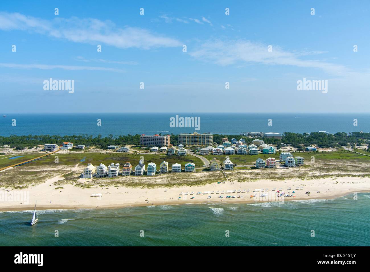 Aerial view of the beach at Fort Morgan, Alabama - Smartphone Captured Stock Image