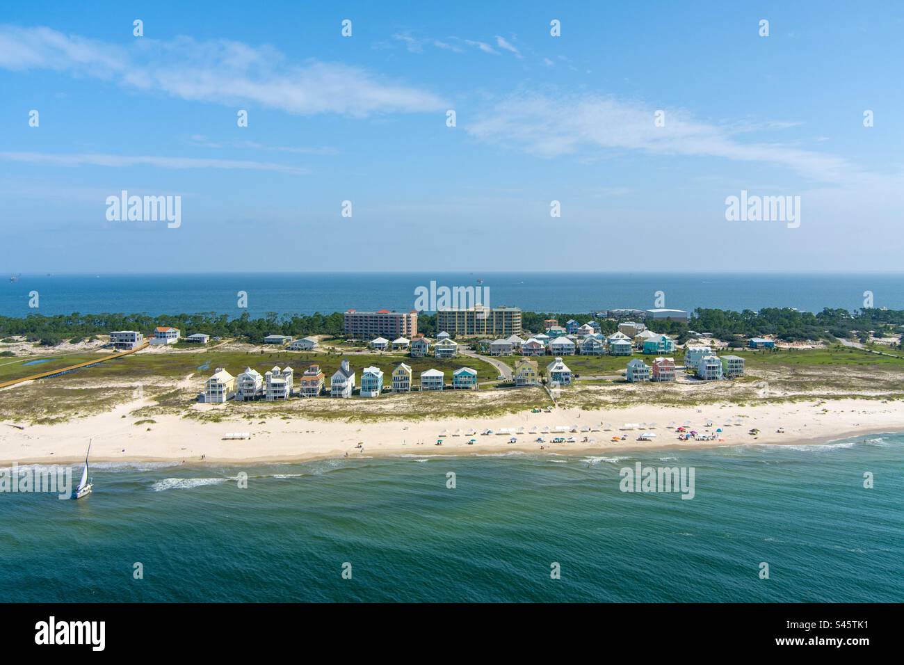Aerial view of the beach at Fort Morgan in Gulf Shores, Alabama - Smartphone Captured Stock Image