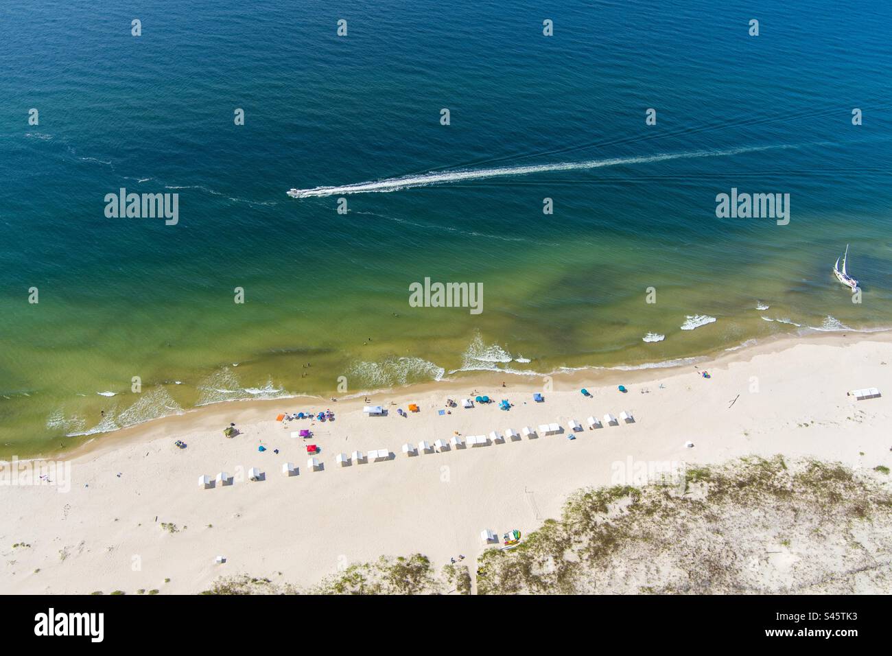 Boats on the beach at Fort Morgan in Gulf Shores, Alabama - Smartphone Captured Stock Image