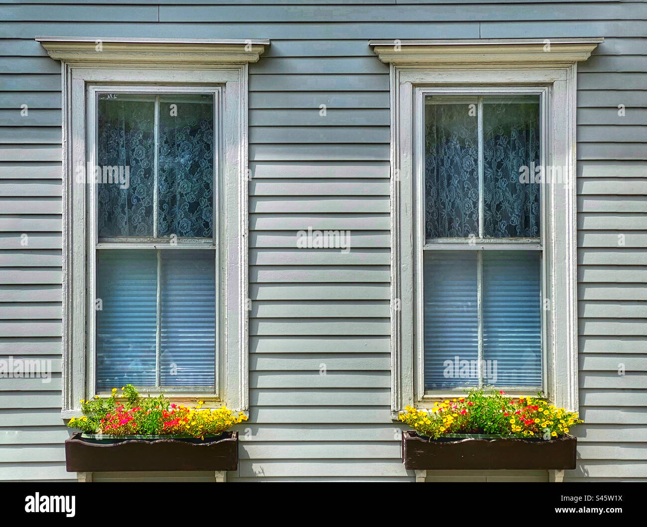 Two windows with colorful flowers in window boxes Stock Photo