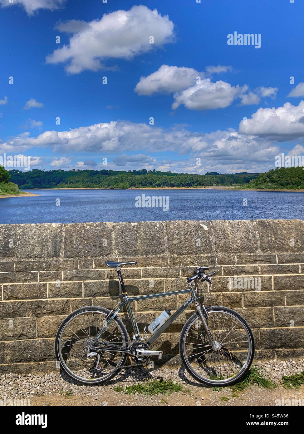 Pace RC200 F5 Mountain Bike on the dam wall at Swinsty Reservoir North Yorkshire - Smartphone Captured Stock Image