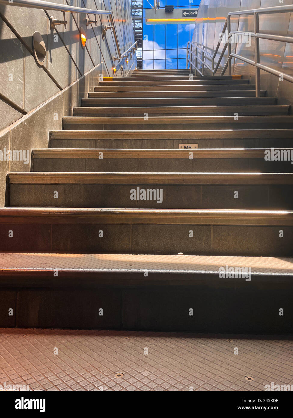 Looking up a formidable staircase in a subway station, 2023, New York City, USA - Smartphone Captured Stock Image