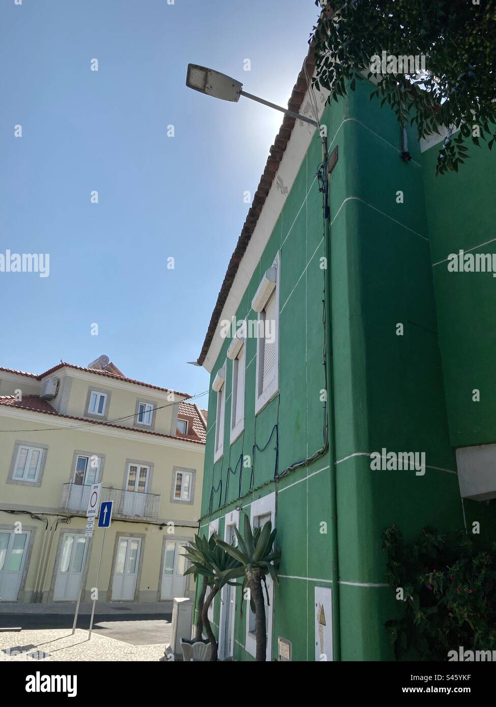 Close view of green colourful house in the south of Portugal,Moita location. - Smartphone Captured Stock Image
